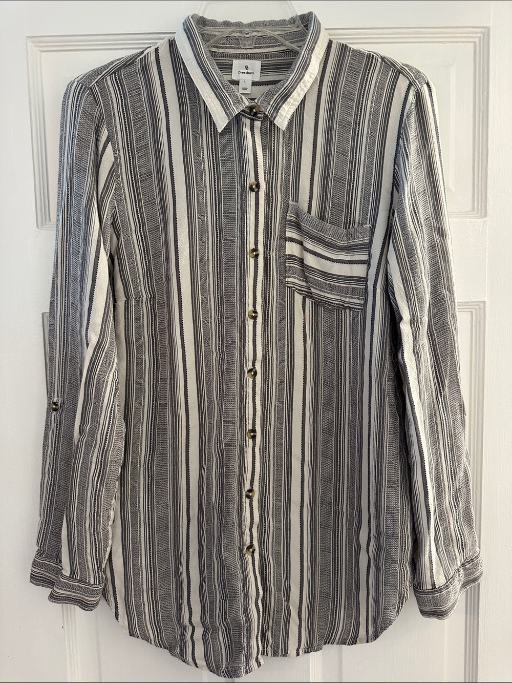 Dressbarn Striped Button-Up Shirt in Black & White